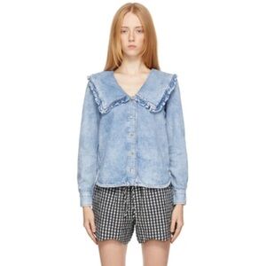 Ganni Peter Pan Collared Ruffle Denim Shirt Indigo Blue 34/XS